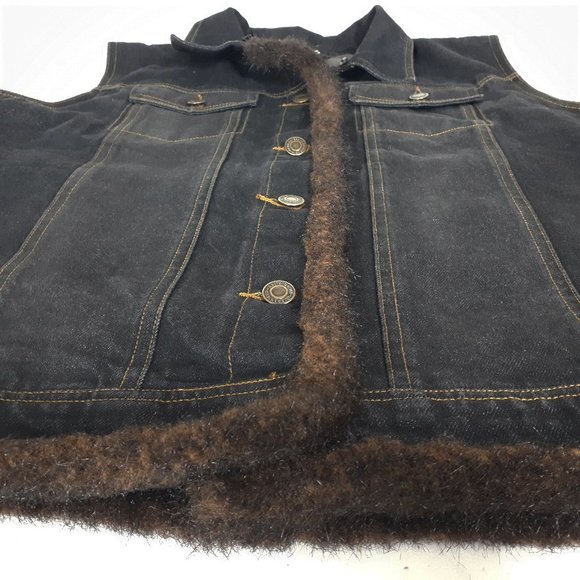St. John's Bay Black Light-wash Denim Brown Faux Fur Trim Vest - Picture 10 of 14